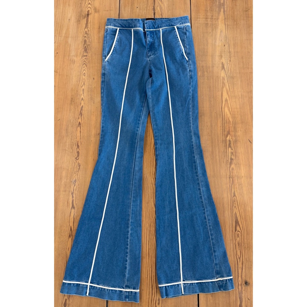 Mixed Brazil Bell Bottom Jeans Women's 36 Blue Denim White Contrast Piping Flare